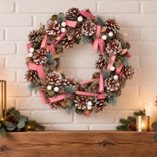 Neo Christmas Wreath Pine Cones Frosted Foliage White Berries Pink Festive Door Neo Christmas Wreath Pine Cones Frosted Foliage White Berries Pink Festive Door