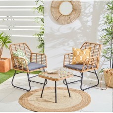 3-Seater Natural Rattan Colour Garden Sofa Set with Dark Grey Cushions