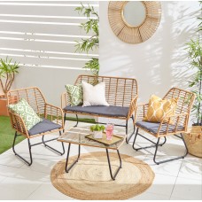 4-Seater Natural Rattan Colour Garden Sofa Set with Dark Grey Cushions