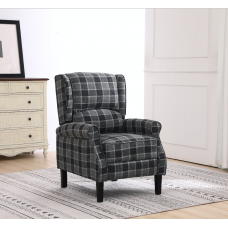 Grey Fabric Check Wing Back Recliner Armchair