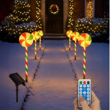 Neo Large 50cm Candy Cane Lolly Lollipop Christmas Remote Solar and Battery Powered Lights 6 Pack LED Path Stakes Timer 8 Modes Timer Outdoor Décor 
